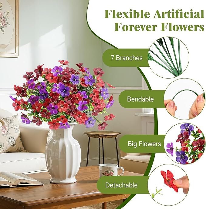 Alupssuc 20 Bundles Artificial Flowers for Outdoor Indoor Decoration, UV Resistant No Fade Fake Plants Eucalyptus, Colorful Faux Spring Flowers for Outside Yard Porch Patio Garden Home Window Box