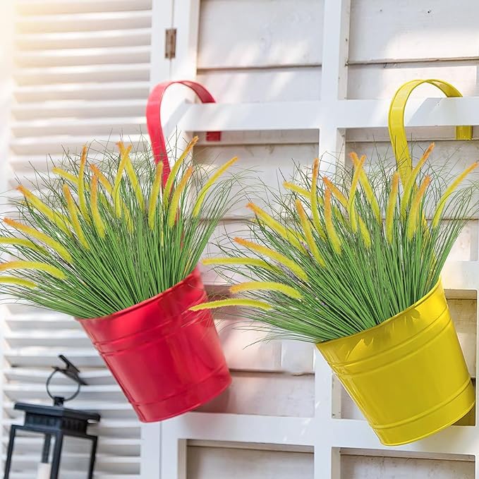 14PCS Artificial Yellow Dog Tail Grass Onion Grass UV Resistant Outdoors Faux Shrubs Ornamental Wheat Grass Cattails Faux Bushes Home Decor for Outdoor Garden