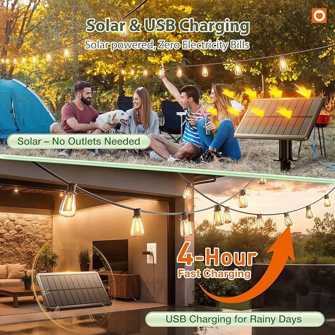 addlon 52(48+4) FT Solar String Lights Waterproof,Patio Lights Solar Powered with Remote & USB Port 16+1 LED Shatterproof Bulbs 3 Light Modes, Dimmable Solar Light for Camping Backyard Garden