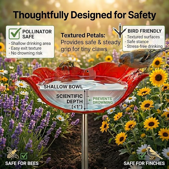 24" Handmade Metal Flower Garden Stake Bird Bath - Detachable Anti-Slip Bee Watering Station & Butterfly Puddler - Rustic Outdoor Art, Garden Gift for Bird Watchers, Mom & Seniors (Red 4pcs)