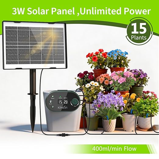 Solar Drip Irrigation System Kit, Auto Watering Kit for 15 Pots, 3W Solar Powered Auto Easy DIY Watering Device, 22 Timing Modes with Anti-Siphoning Device,for Outdoor Garden, Balcony