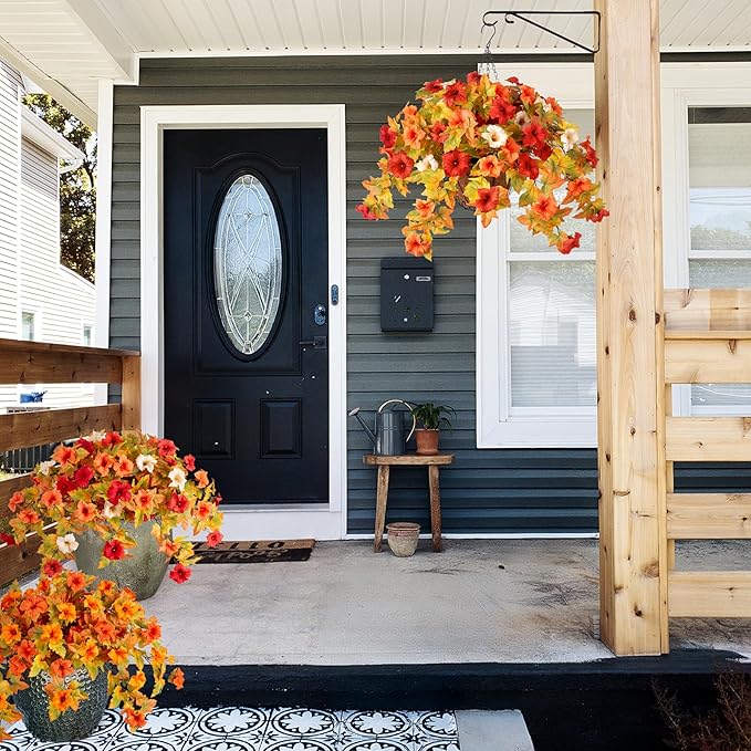 Ammyoo Artificial Fake Fall Flowers with Hanging Basket Plants for Outdoor Decoration, Silk Faux Flower UV Resistant Petunias for Home Porch Patio Garden Balcony Yard Decor Real Looking(Orange White)