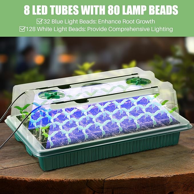 Saillong 4 Pack Seed Starter Tray with Grow Light, 80 Cell Indoor Greenhouse Seed Starting Set with Humidity Dome, 360° Full Spectrum LED, Smart Timer, 5 Brightness Levels for Germination