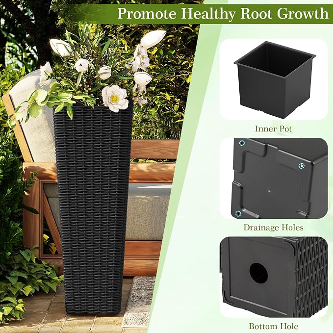 Giantex Set of 2 Planters for Outdoor Plants, Tall Tapered Plants w/Inner Trays, Drainage Holes, Decorative PP Flowerpots 32" & 24" Tall for Porch, Patio, Garden, Backyard, Indoors & Outdoors (Black)