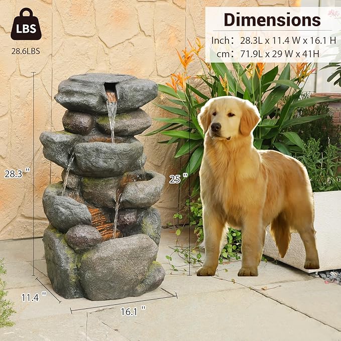 Sunlinua 28.6" H Outdoor Water Fountain with 4 Tiers Cascading Realistic Rock Waterfall Fountains with LED Lights Outdoor Water Fountain for Garden Patio Backyard Porch Home Decor