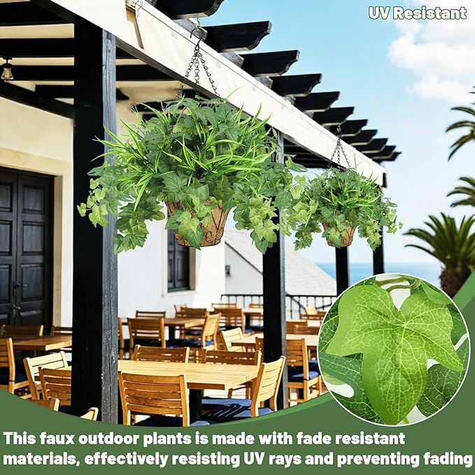 Artificial Hanging Plants with Basket, 5 PCS UV Resistant Fake Outdoor Greenery, Faux Grape Leaves for Home Garden Patio Front Porch Yard Decor