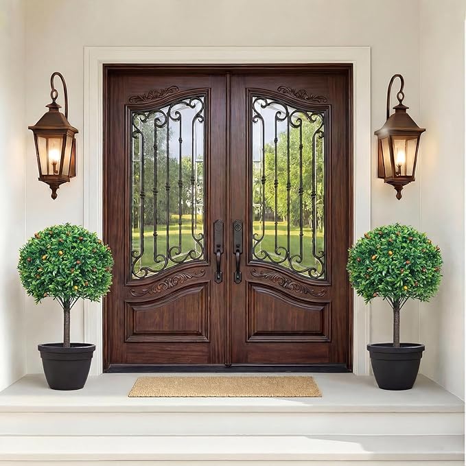 PATIO CHOICE Artificial Topiary Boxwood Ball Trees Set of 2 30" Fake Outdoor Plants Realistic Olive Tree Fake Bushes Lifelike Shrubs Decorations for Outdoor Indoor Front Porch Garden