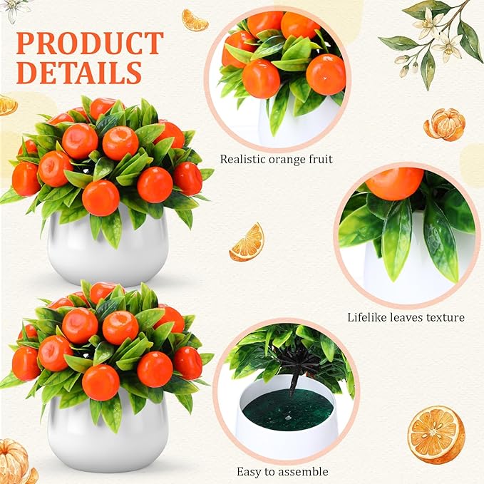 Suncalla 2 Pack Artificial Orange Potted Plants 7.09 Inches Fake Orange Tree Simulation Realistic Fruit Plant with Pot Faux Tree Indoor Decoration for Home Office Living Room Table Desk