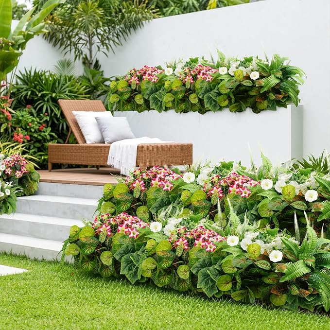 HOHOTIME Artificial Plants Outdoor, Realistic Faux Greenery & Flowers UV Resistant Fake Plastic Begonia Morning Glory Eucalyptus Fern for Outdoor Decorations Patio Garden Front Porch Yard Decor