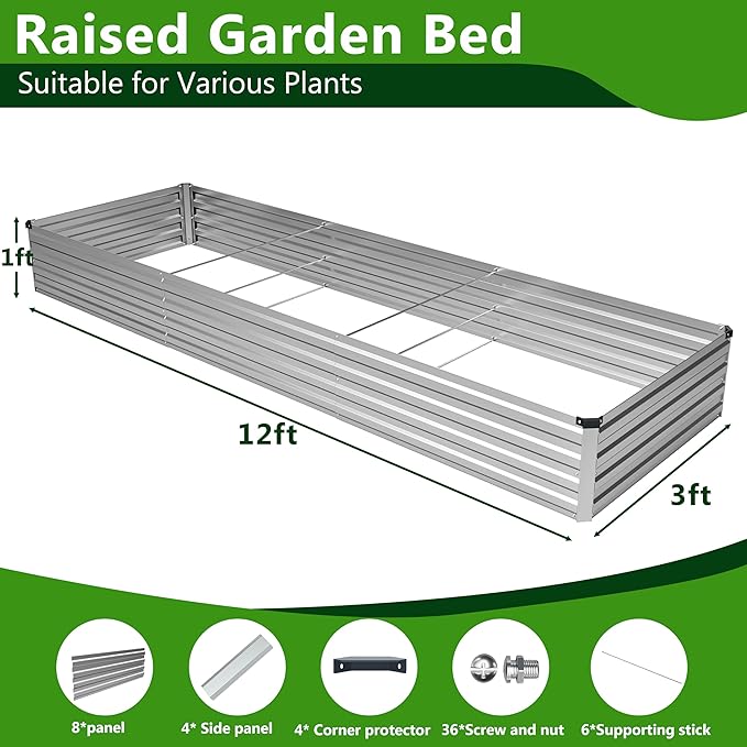 2PCS 12x3x1ft Galvanized Raised Garden Bed,Outdoor Planter Box Metal Patio Kit Planting Bed for Vegetables Flowers Herb,Silver