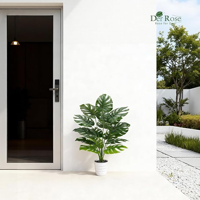 Der Rose 28" Tall Artificial Monstera Plant Faux Plants Indoor in White Pot for Home Office Living Room Floor Porch Balcony Decor
