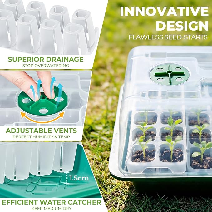 HIRALIY 40 Cell Seed Starter Tray Kits with Grow Light, Reusable Plant Germination Trays, Easy Transplanting, with Domes and Bases, for Starting Vegetable, Flower, Herb, Indoor Gardening, Greenhouse