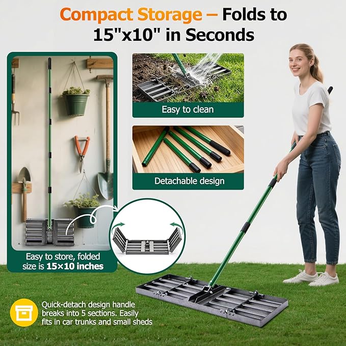 30"x10" Lawn Leveling Rake, Heavy Duty Lawn Leveler with 33"-77" Adjustable Handle, Foldable Ground Leveling Tool for Soil, Sand, Gravel, Ergonomic Design for Lawns, Golf Courses and Backyards