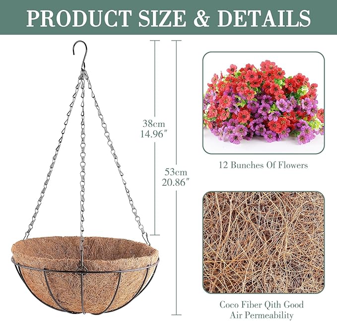 2 Set Artificial Flowers Hanging Plants in Basket,Artificial Hanging Flowers for Outdoor Indoor Decor,UV Resistant hanging Baskets with Fake Flowers for Spring Summer Patio Garden Porch Deck Decor