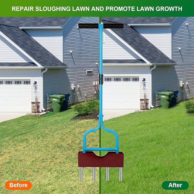Aerator Lawn Tool with Larger Soil Core Storage Tray, 38” Height Core Aerator,Manual Aerator Lawn Tool,Lawn coring Aerator with 4 Stainless Tines,Grass Aerator for Lawn Care,Tool for Garden