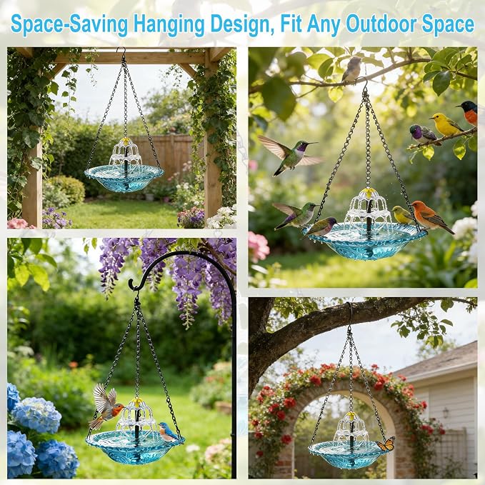 Yeomi Solar Fountain for Bird Bath, Solar Cascade Hanging Bird Bath Fountain, Large Hummingbird Bath with Solar Pump & Clear Blue Bowl, Outdoor Garden Decor