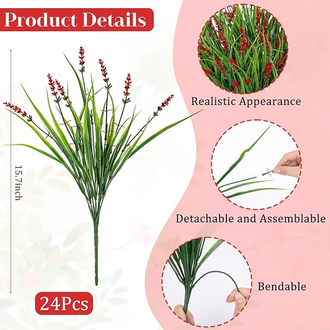 24 Bundles Artificial Plants Flowers Outdoor, Faux Lavender Flowers Fake Monkey Grass UV Resistant Plastic Plant for Porch Garden Patio Window Home Decor, Red