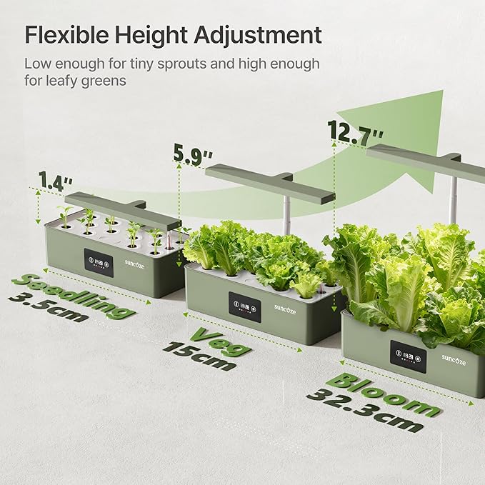 SUNCOZE Hydroponics Growing System Kit with 24W Dimmable Grow Light, 12 Pods Indoor Herb Garden with Timer & Local Time Setting, Adjustable Height, Smart Countertop Garden for Home & Kitchen, Green