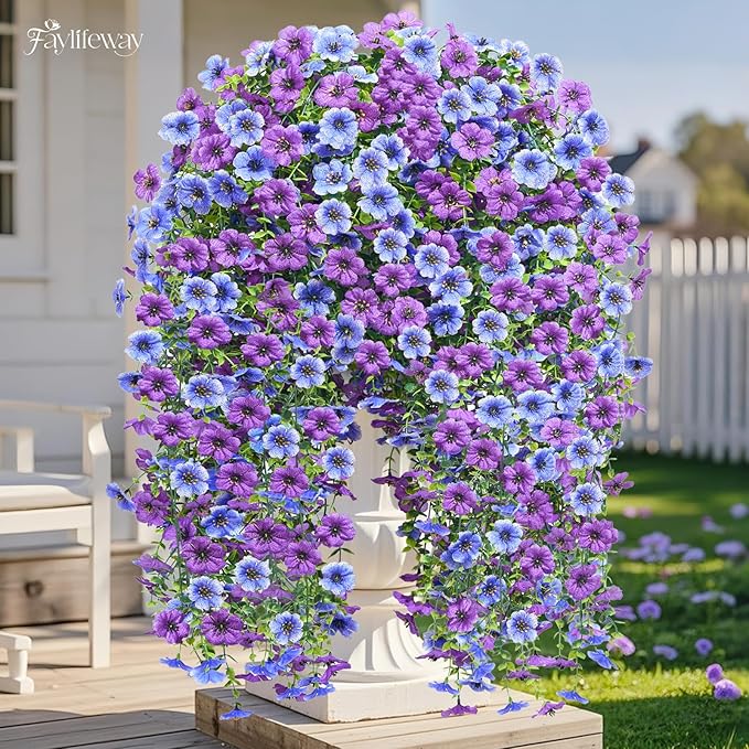 Artificial Hanging Flowers for Outdoors Spring Summer Decoration, 4PCS UV Resistant Silk Fake Hanging Plants for Patio Porch Front Yard Window Garden Indoor Decor(Blue&Purple,4PCS)