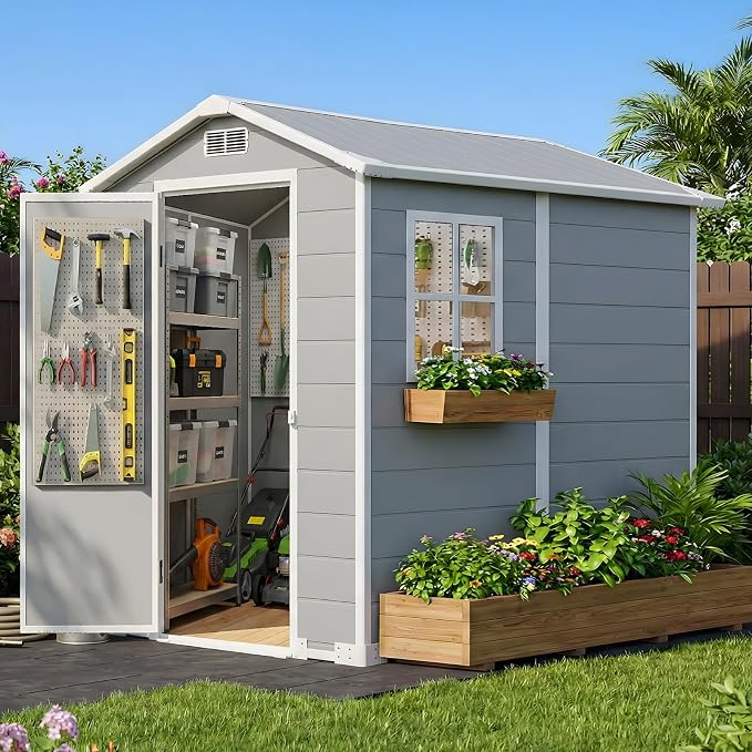 4x6 FT Outdoor Storage Shed with Floor & Window, All-Weather Resin Garden Tool Shed, Waterproof Plastic Garden Shed with Lockable Door, Vents & Roof Rainwater Drainage for Backyard, Garden, Poolside