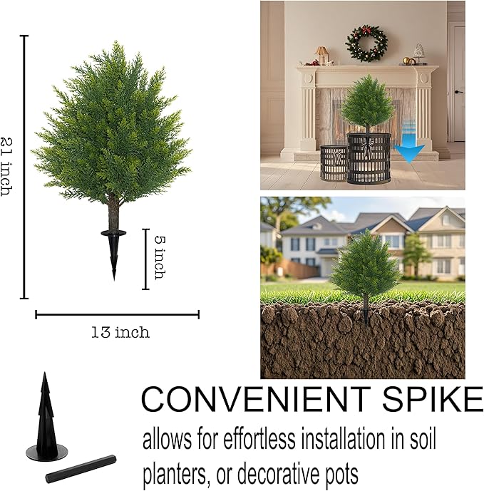 21'' Artificial Cedar Topiary Ball Trees with Ground Spike, 2 Pack Artificial Shrubs, UV Resistant Fake Plant Brush for Indoor Outdoor Front Porch Garden