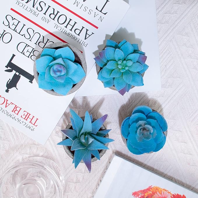 Set of 4 Blue Fake Succulents Potted, Mini Succulents Plants Indoor, Blue Decor Small fakeplants for Shelves Home Office Table Bathroom Bedroom Kitchen Desk Decor Shelf Decor