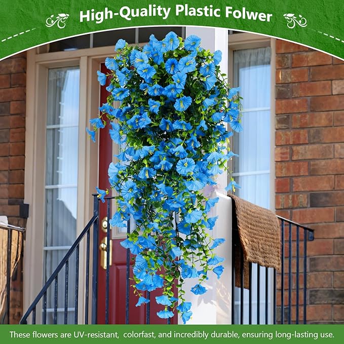 4-Pack Fake Hanging Plants, Faux Hanging Plant Artificial Greenery for Living Room Bedroom Boho Wall Shelf Indoor Outdoor Decor (Blue Morning Glory)