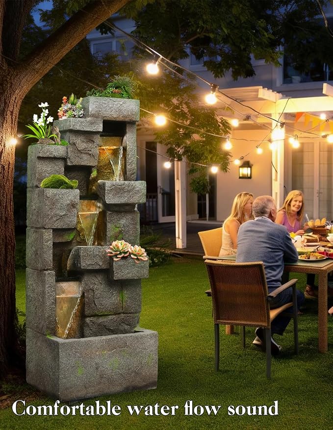 41.7" Outdoor Water Fountains 3 Tier Modern Floor-Standing Fountain with LED Lights and Pump Outdoor Rock Waterfall Fountain for Garden, Yard, Porch, Patio, Home Decor, Yellow