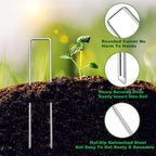 6 Inch Landscape Staples Set, 11 Gauge Galvanized U-Shaped Garden Stakes (100 Pack) with Gaskets, Hook Tool & Rubber Mallet for Weed Fabric & Landscaping