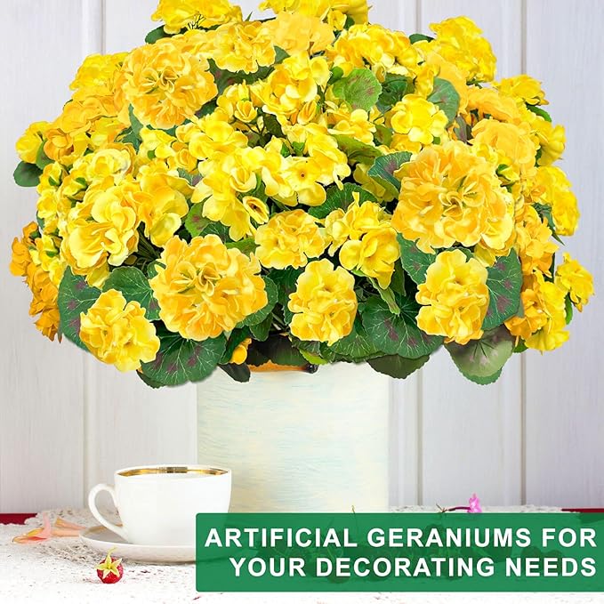 TURNMEON Artificial Geraniums Flowers for Outdoors Summer Decoration, 4 Bundles Fake Flowers Silk Yellow Flowers UV Resistant No Fade Faux Plants for Planter Gardens Table Porch Indoor Cemetery Decor