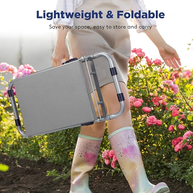Tovve Foldable Garden Kneeler and Seat, Heavy Duty Garden Stool with 10" Wide Detachable Kneeling Pad, Portable Garden Bench Chair with Large Garden Tool Bag, Gardening Gifts for Women, Seniors, Mom