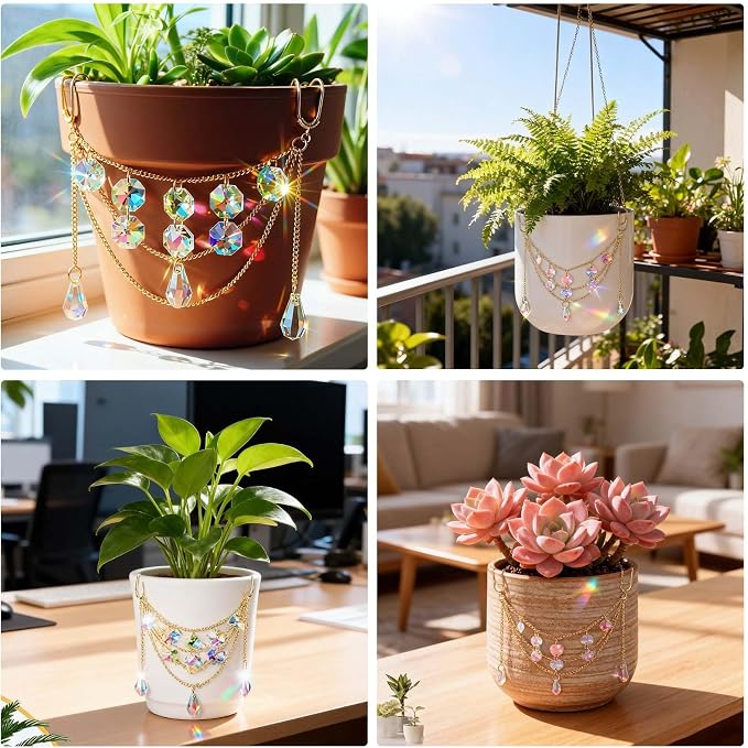 Crystal Beaded Plant Hanger | Rainbow Refraction Decor for Pots | Indoor Outdoor Hanging Chain | Home, Balcony, Office, Garden Gifts