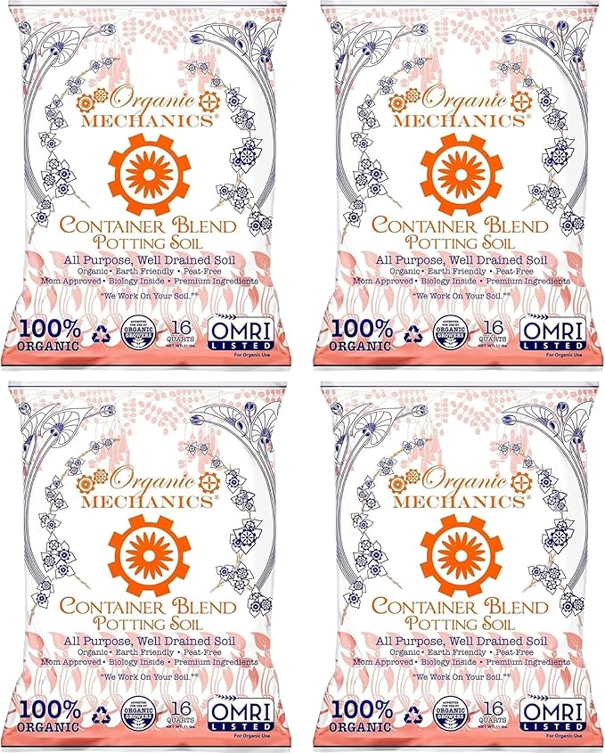 Organic Mechanics Container Blend Potting Soil, 16 qt (Pack of 4) All-Purpose, Peat-Free, Well-Drained Blend with Compost, Rice Hulls, and Worm Castings for Growing Annuals, Perennials, Woody Plants
