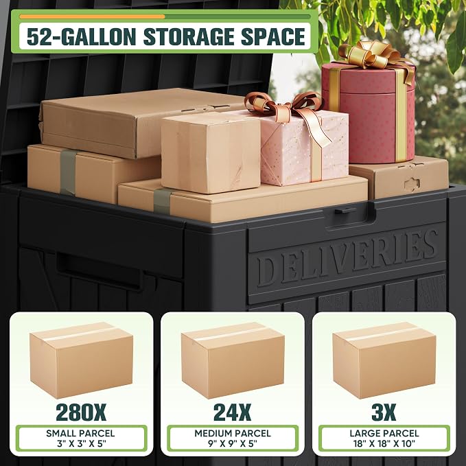 Greesum 52 Gallon Large Outdoor Package Delivery Box for Porch, Lockable Secure Double-Wall Resin Storage Box, Waterproof Deck Box for Package Protection, Black