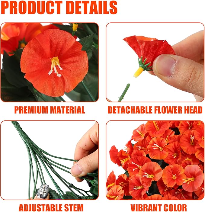 Sggvecsy Artificial Fake Hanging Flowers Plants for Outdoor Outside Spring Summer Decoration 4PCS Faux Silk UV Resistant Realistic Morning Glory Trailing Vines for Home Porch Patio Balcony(Orange)