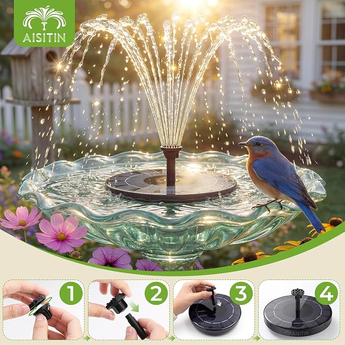 AISITIN 2.5W Solar Bird Bath Fountain Pump, Solar Fountain for Bird Bath with 6 Nozzles, 6.7" Solar Powered Water Pump for Garden, Ponds, Pool, Fish Tank, Aquarium and Outdoor