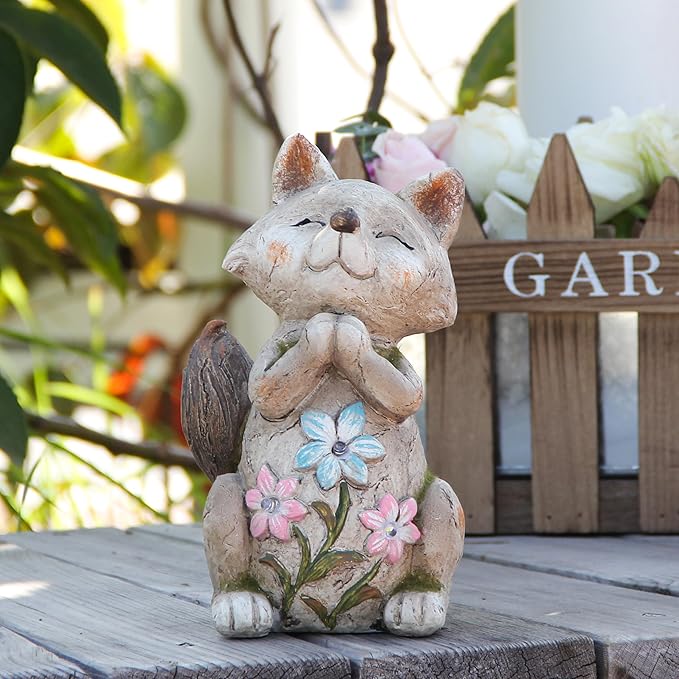 Smadeer Fox Statue for Garden Decor, Garden Statue with Solar Power Light for Outdoor Patio Porch Lawn Yard Backyard Oudside Indoor Shelf Decoration,Praying Fox Sculptures & Statues Woman