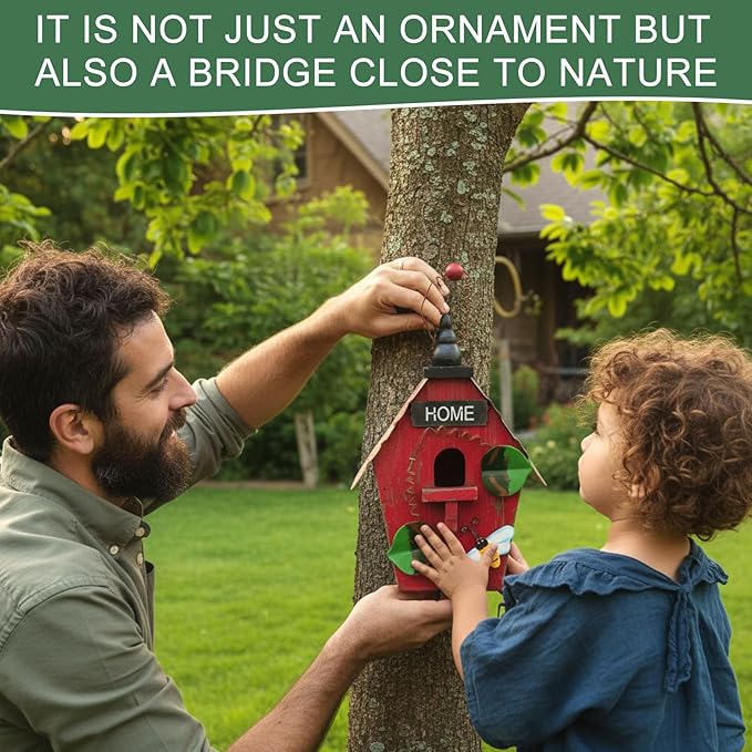 DoubleFill 2 Pcs Birdhouses for Outdoor Hanging Yard Outside Wooden Birdhouse Hand Painted Bird Box for Bird Lovers Bluebird Tree Garden Decor Decorative Birdhouse(Red,Green,Iron Roof)