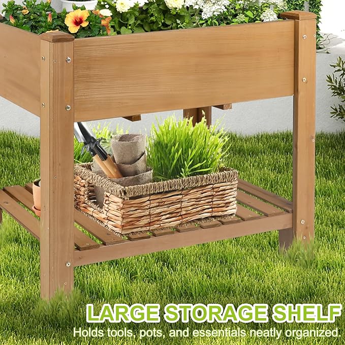 ketive Raised Garden Bed with Legs - Elevated Wooden Planter Box, Durable Fir Wood, Reinforced Frame with Drainage Holes, Liner, and Storage Shelf for Vegetables, Herbs, Flowers, 33.5" x 18" x 30"
