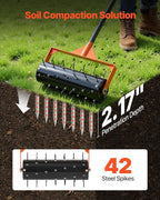 VEVOR Rolling Lawn Aerator, 15 in Manual Push Aerator Roller with 42 Spikes & 60 in Long Handle, Fillable Drum for Added Weight, Heavy-Duty Lawn Soil Penetrator for Garden Yard Compacted Soils