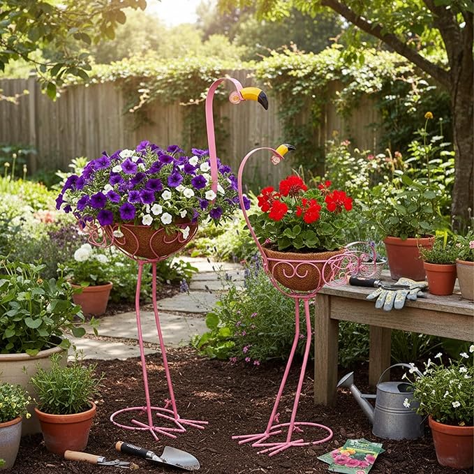 J-Fly Set of 2 Pink Flamingos Metal Potted Plants Holders with Coconut Flower Pots, Christmas Yard Flamingos Plant Stand Indoor & Outdoor, Floral Garden Christmas Decor, Flower Pots Stand Outdoor