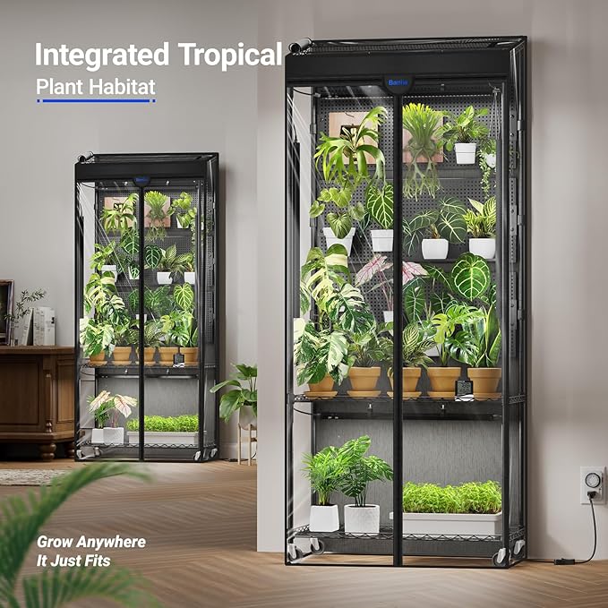 Barrina LH750 Pegboard Indoor Greenhouse with Grow Light, Plant Cabinet with 4PCS 5000K Full Spectrum Grow Lamps, 3 Adjustable Pegboards, 2 Racks, Wheel, for Foliage Plant, Seedling, 29.5x13.8x67.9IN