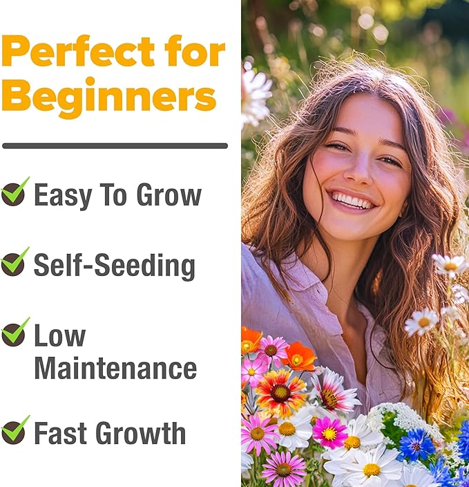 Home Grown Premium Wildflower Seeds Bulk - 60,600+ Perennial Flower Seeds Mix for Planting Outdoors - 24 Variety Wildflower Seed Mix - Attracts Bees, Butterflies & Birds - 2oz Wild Flower Seeds