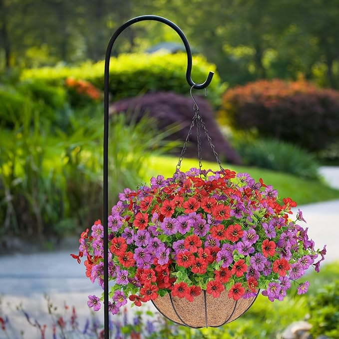 2 Set Artificial Flowers Hanging Plants in Basket,Artificial Hanging Flowers for Outdoor Indoor Decor,UV Resistant hanging Baskets with Fake Flowers for Spring Summer Patio Garden Porch Deck Decor