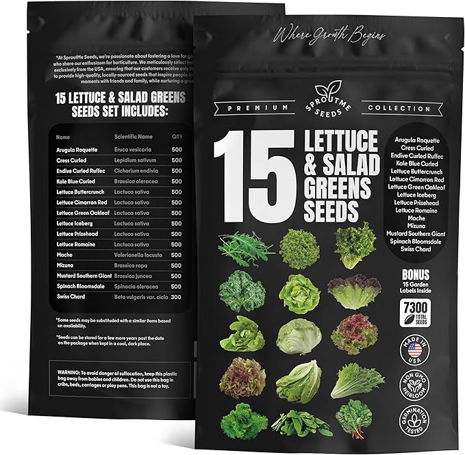 Lettuce & Salad Greens Seeds Variety Pack – Spinach, Kale, Arugula, Romaine & Iceberg Lettuce – 15 Varieties, 7300+ Non-GMO Heirloom Seeds, Indoor & Outdoor Growing