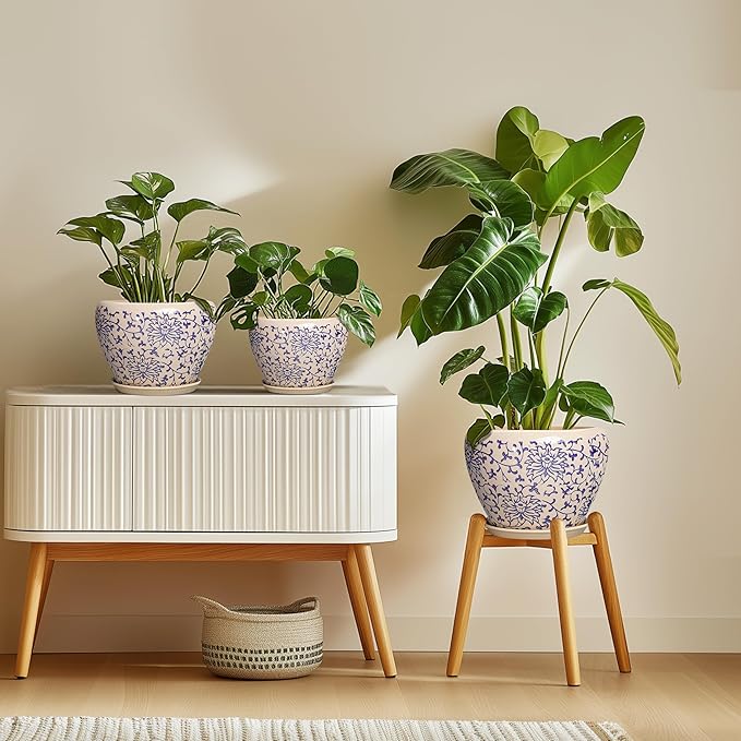 Ceramic Pots for Plants 10 Inch - Indoor Flower Pots with Drainage Hole and Tray, Decorative Pot for Indoor Outdoor Plants, Round Planters, Bathroom Decor, Gifts for Men Women, Retro Blue