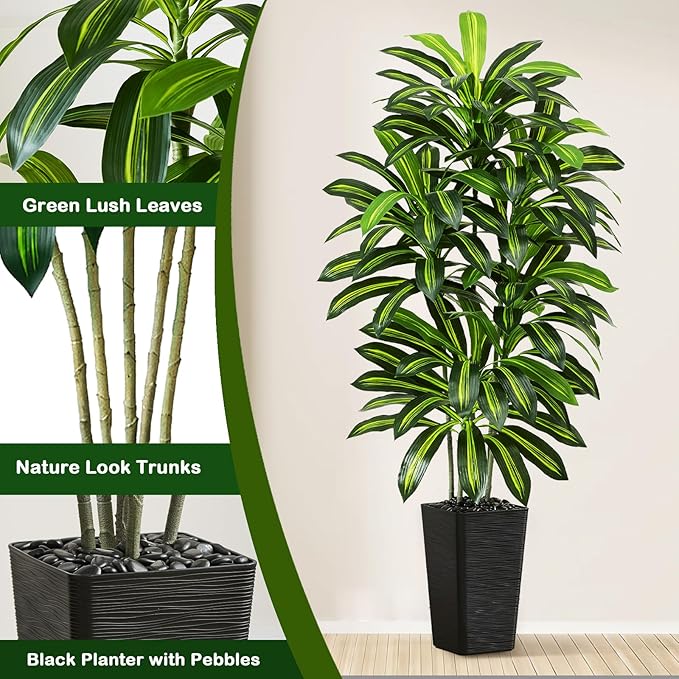 Artificial Dracaena Tree - 5FT Tall Fake Plants with Black Square Planter - Artificial Plants Indoor Floor Plant in Pot - Large Tropical Fake Yucca Potted Tree for Home Office Living Room Decor
