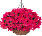Artificial Fake Hanging Flowers Plants Basket for Outdoors Spring Summer Decoration, Faux Silk Bougainvillea Flowers in Planter UV Resistant Realistic for Outside Porch Patio Garden Yard Home, Hotpink