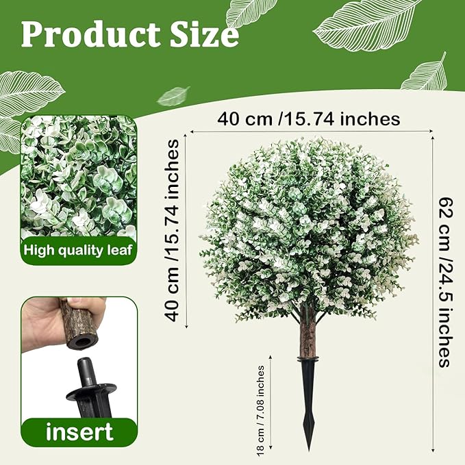 Artificial Boxwood Topiary Ball Trees – 2 Pack 24.5", Faux Plants, Shrubs & Bushes Outdoor with Spike, UV-Resistant Fake Greenery for Planters Porch Garden Home Office – White