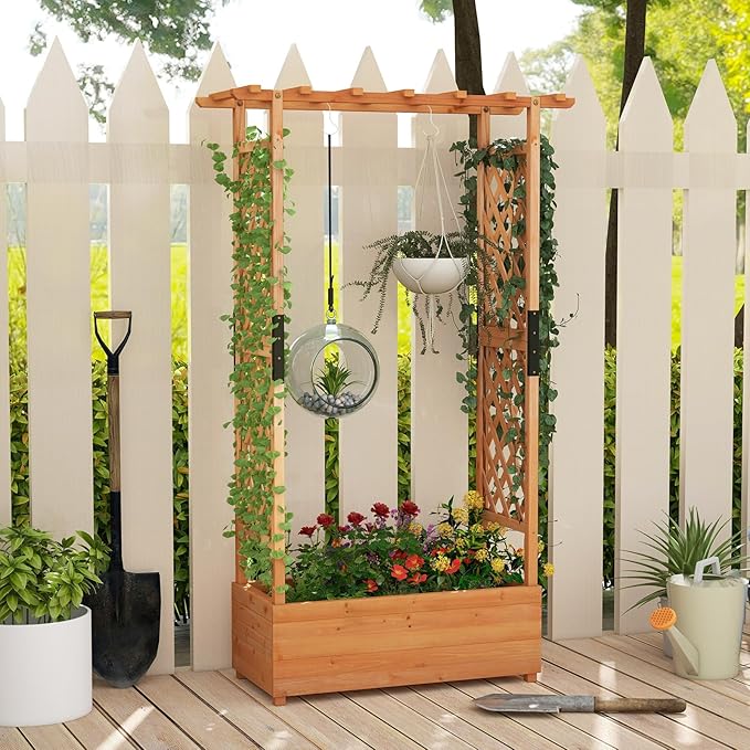 BECOMFORT Raised Garden Bed with Trellis & Hanging Roof, 72" Tall Fir Wood Planter Box with Drainage Holes, Outdoor Elevated Garden Planter for Climbing Vines (Orange, 43.5" Lx17.5 Wx72 H)